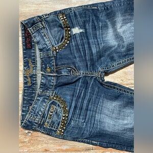 Rock & Roll Cowgirl Dark Blue Jeans with Gold Studs